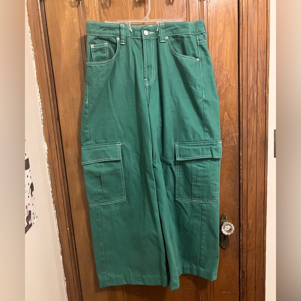 Green wide leg denim cargo pants